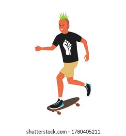 Funny punk guy riding a skateboard isolated on white background. Concept extreme lifestyle. Cartoon vector illustration.