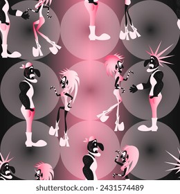 Funny punk rock sexy boys and girls with creative hairdress wearing fashionable clothes and high heels boots. Vector illustration seamless pattern