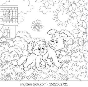 Funny pup walking with a kitten on a lawn by a house on a sunny summer day, black and white vector illustration in a cartoon style for a coloring book