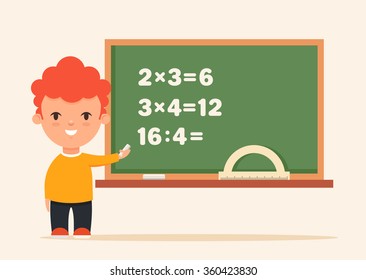 Funny Pupil Standing Near the Blackboard. Vector Illustration