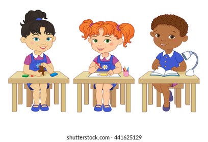 Funny pupils sit on desks read draw clay cartoon asian african isolated illustration