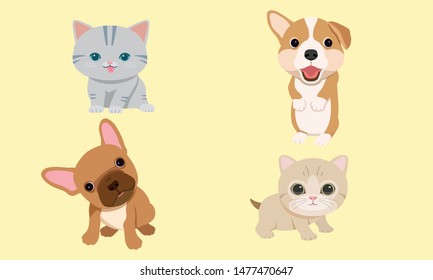 Funny puppies and kittens cute a good friend. Vector illustration