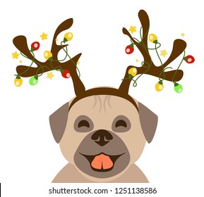 Funny puppy with Christmas costume vector.Pug dog with reindeer antlers with lights.