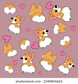 Funny puppy corgi dog. Corgi pattern. Beautiful and funny dog ​​for background. Wrapping for gifts. Welsh Corgis.