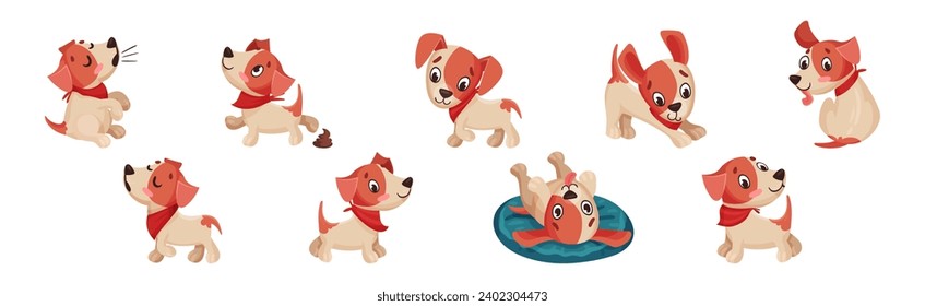 Funny Puppy Dog Character Engaged in Different Activity Vector Set