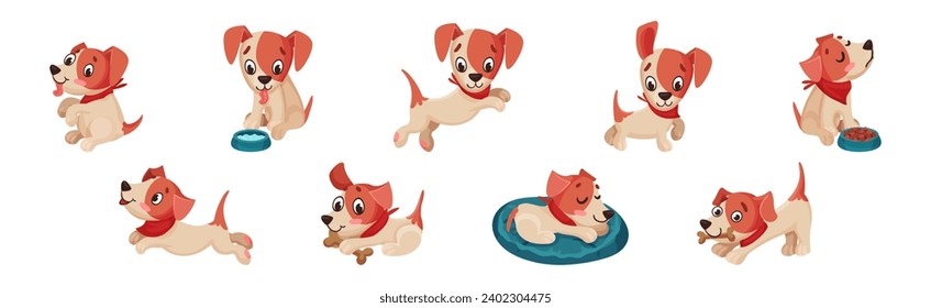Funny Puppy Dog Character Engaged in Different Activity Vector Set