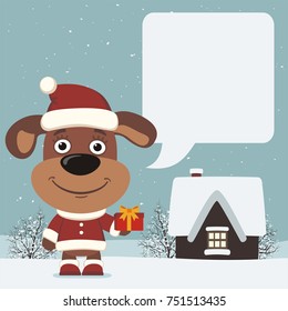 Funny puppy dog in christmas costume with speech bubble for your text. 