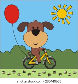 Funny puppy dog on bike with red balloon.