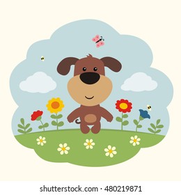 Funny puppy dog on flower field in cartoon style.