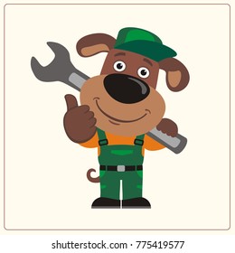 Funny puppy dog wearing overalls with the large wrench on her shoulder. Mechanic in cartoon style shows like.