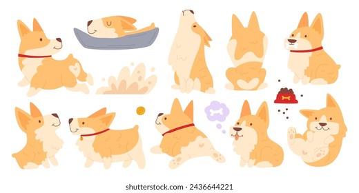 Personajes de dibujos animados de animales domésticos cachorros divertidos de pie en diferentes posiciones haciendo varias cosas aisladas sobre fondo blanco. Mascota de perro de raza linda comer, saltar, dormir ilustración vectorial