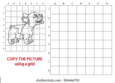 funny puppy educational grid game. Vector illustration of grid copy educational  puzzle game with happy cartoon puppy for children