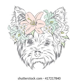 Funny puppy in a flower wreath. Vector illustration. Yorkshire Terrier.