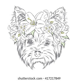 Funny puppy in a flower wreath. Vector illustration. Yorkshire Terrier.