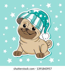 Funny puppy in a hat on a blue background in a star