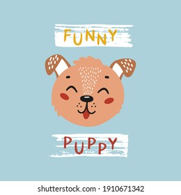 Funny Puppy Head for Tee Print Design for Kids. Cute Brown Dog Face. Vector Cartoon Little Baby Animal. Scandinavian Card, Print or Poster Design