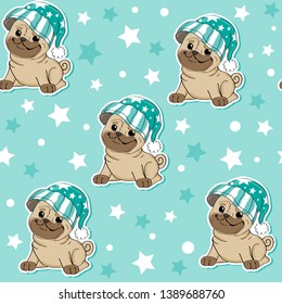 Funny puppy pug  in a hat on a blue background in a star seamless pattern