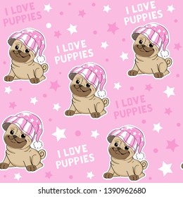 Funny puppy pug  in a hat on a pink background in a star seamless pattern