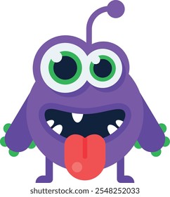 Funny purple alien character with big green eyes, antenna, and playful expression sticking out its tongue, ideal for children s books, games, or any project needing a touch of whimsy