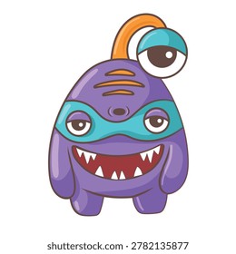 Funny purple alien monster with one eye, sleepy face and sharp teeth isolated on white. Funky fantasy cartoon mascot for stickers, games, prints and children designs