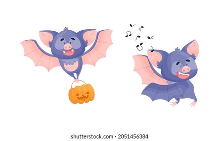 Funny Purple Bat Character Carrying Pumpkin and Singing Vector Set