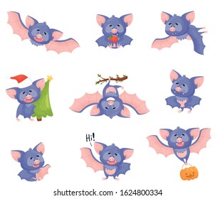 Funny Purple Bat Character in Different Poses Vector Set