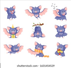 Funny Purple Bat Character in Different Poses Vector Set