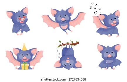 Funny Purple Bat Character in Different Poses Vector Set