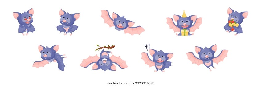 Funny Purple Bat Character Engaged in Different Activity Vector Set