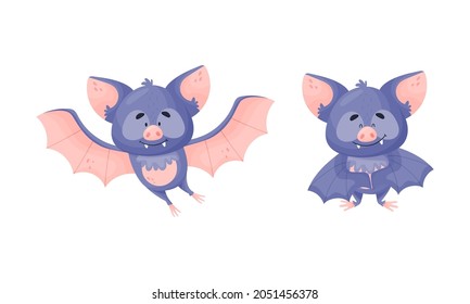 Funny Purple Bat Character Fluttering and Standing Vector Set