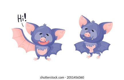 Funny Purple Bat Character Greeting Saying Hi Vector Set