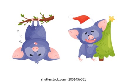 Funny Purple Bat Character Hanging Upside Down on Tree Branch and Carrying Fir Tree Vector Set