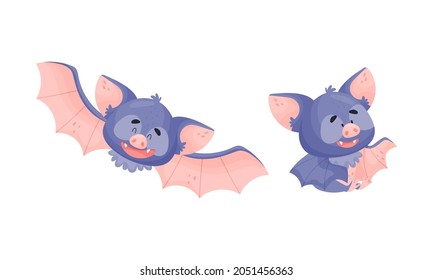 Funny Purple Bat Character Sitting and Fluttering Vector Set