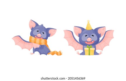 Funny Purple Bat Character Wearing Scarf and Sitting with Gift Box Vector Set