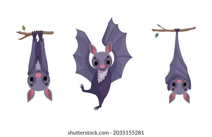 Funny Purple Bat with Cute Snout Hanging Upside Down on Tree Branch and Dancing Vector Set