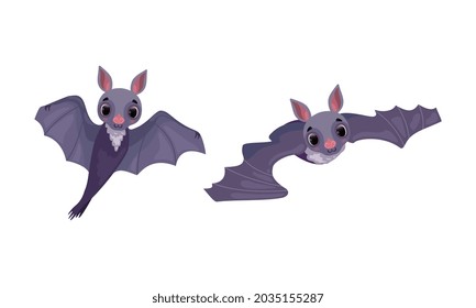 Funny Purple Bat with Cute Snout Flying Vector Set