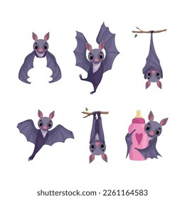 Funny Purple Bat with Cute Snout Flying, Embracing Milk Bottle and Hanging on Tree Branch Vector Set