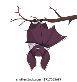 Funny purple bat that sleeps upside down on a branch. Vector cartoon illustration  isolated on white background.