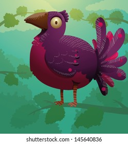 Funny purple bird on a tree, vector