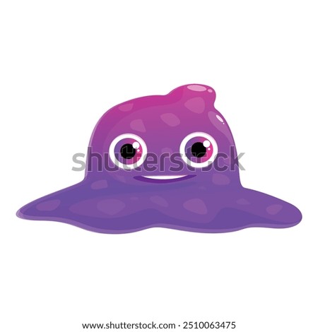 Funny purple cartoon character with big eyes is smiling and looking forward