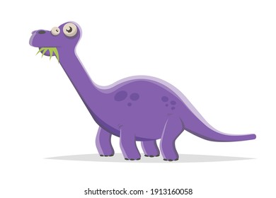 funny purple cartoon dinosaur eating plants