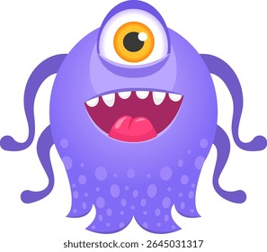 Funny purple cartoon monster with one big yellow eye, tentacles, showing its tongue and smiling, ideal for children s illustrations or fantasy projects