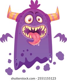 Funny purple cartoon monster sticking its tongue out, showing sharp teeth and open mouth, with orange and yellow horns and purple spots, ideal for halloween projects