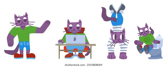 funny purple cat characters in different situations. stock vector graphics image