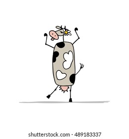 Funny purple cow dancing, sketch for your design
