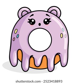 Funny purple cute donut with a surprised face. Dessert vector illustration in kawaii style	