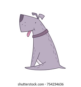 Funny purple dog sitting and sticking out his tongue (doodle). Vector illustration of cartoon character. Isolated on white background.