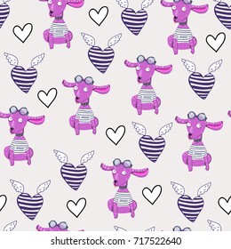 Funny purple dogs with hearts. Colored cartoon vector seamless pattern