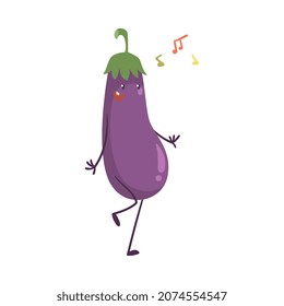Funny Purple Eggplant Character Dancing Moving Hand and Legs Vector Illustration