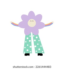 Funny purple flower with hands and legs. Summer graphic. Vector illustration.